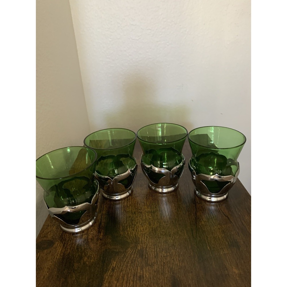 Set Of 4 Farber Bros Krome Kraft Green Glass Tumblers Vintage Art Deco 1930s
